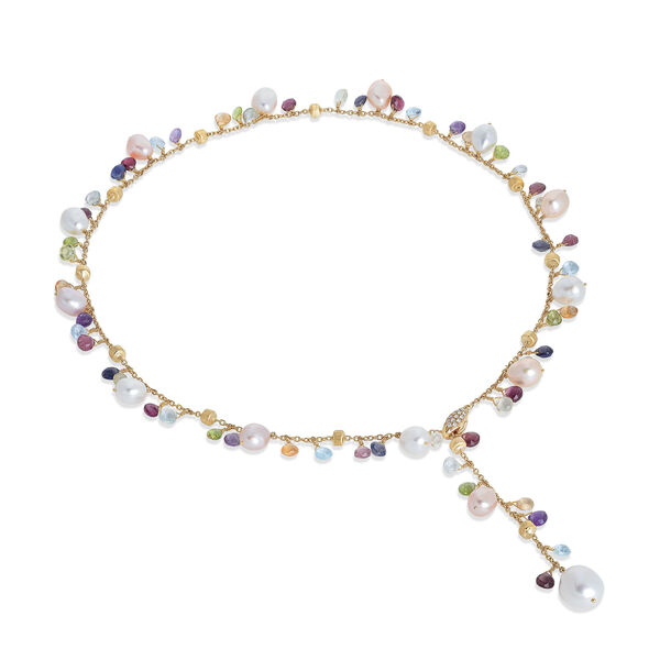 Paradise Yellow Gold, Semi-Precious Gemstone and Pearl Lariat Necklace
